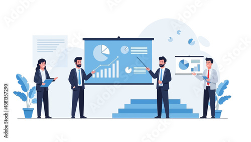 Business Team Presenting Financial Data and Charts on Screens