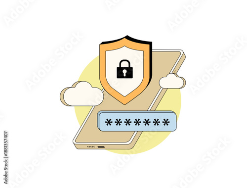 Mobile security shield protects smartphone with lock password field clouds background symbolizing protection data safety cybersecurity technology concept, isolated outline modern vector illustration