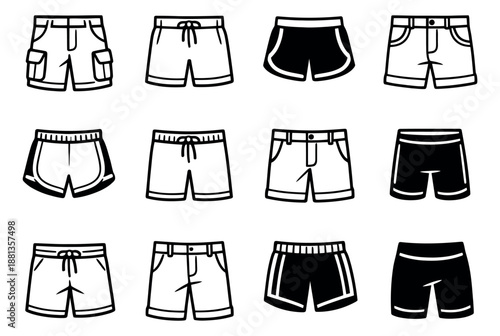 Line art and solid fill shorts set featuring various styles of athletic and casual shorts for summer apparel concepts