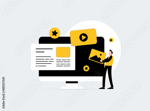 Content creation marketer holds video photo cards from computer screen with play button stars. Digital marketing strategy engagement production content success technology concept vector illustration