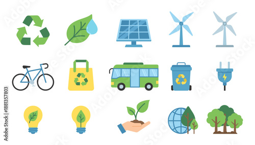 Ecology and Renewable Green Energy Icon Set, Flat Vector Illustration of Sustainability, Recycling, and Environmental Protection