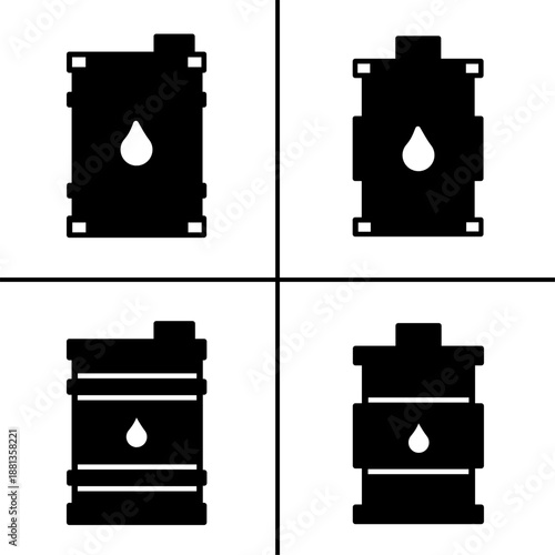 A set of four black oil barrel icons, displayed in various shapes and styles. Simple flat silhouette design. Stock vector.