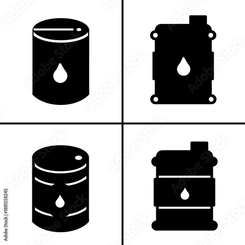 A set of four black oil barrel icons, displayed in various shapes and styles. Simple flat silhouette design. Stock vector.