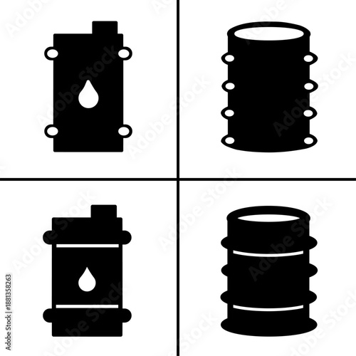 A set of four black oil barrel icons, displayed in various shapes and styles. Simple flat silhouette design. Stock vector.