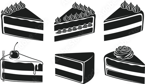 Cake slice icons, dessert silhouette set, whipped cream topping, cherry decoration, black and white vector, bakery graphic illustration