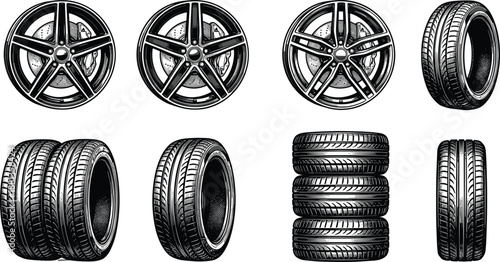 Car wheel and tire silhouette set, black and white automotive vector, tread and alloy views, vehicle parts illustration design