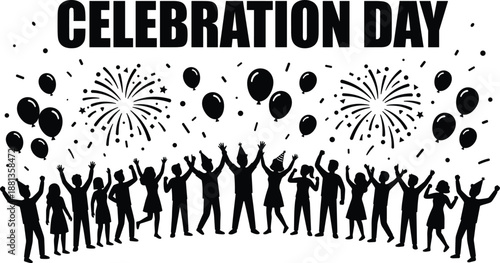 Celebration day poster, dancing crowd silhouette, fireworks and confetti background, festive event vector, party atmosphere, graphic illustration