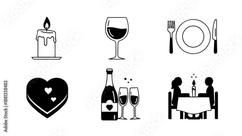 Vintage vector illustration set of wine bottle and glass icons featuring champagne and alcohol silhouettes for a restaurant drink menu or celebration sign