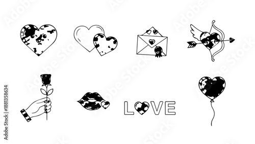 Black and white love themed illustrations isolated on white background, Vector