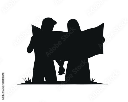 Silhouette of a couple holding hands and looking at a map, symbolizing togetherness and the adventure of exploring the world