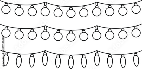 Decorative string lights, bulb silhouette set, round and teardrop styles, festive hanging design, black vector illustration, celebration element