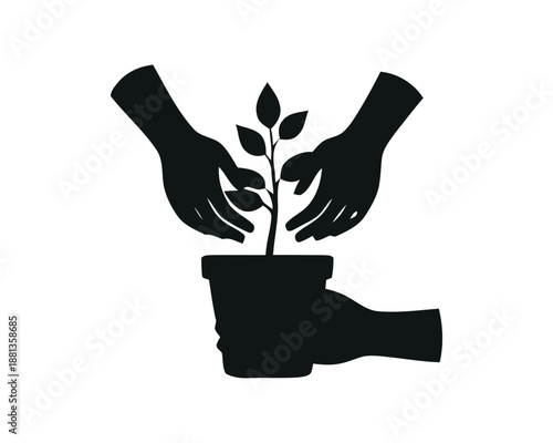 A graphic illustration of hands nurturing a plant in a pot, symbolizing growth, care, and environmental stewardship for a sustainable future