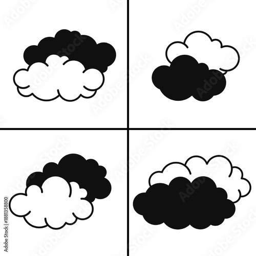 A set of four black cloud icons, displayed in various shapes and styles. Simple flat silhouette design. Stock vector.