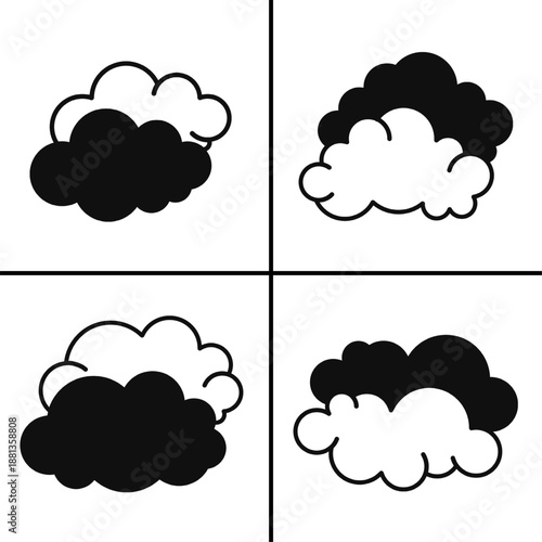 A set of four black cloud icons, displayed in various shapes and styles. Simple flat silhouette design. Stock vector.
