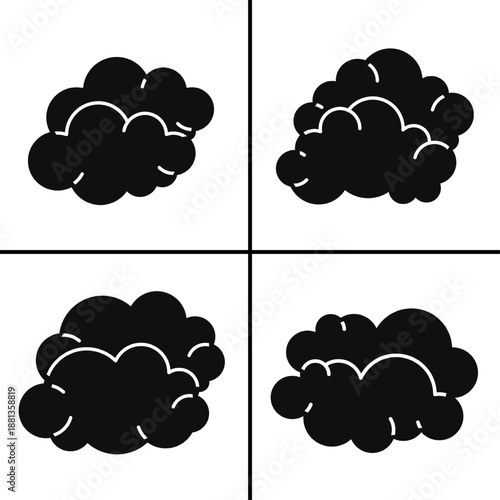 A set of four black cloud icons, displayed in various shapes and styles. Simple flat silhouette design. Stock vector.