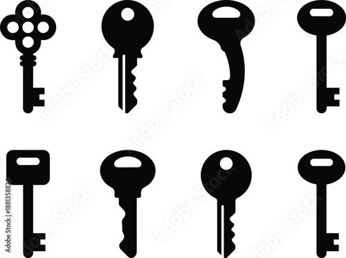 Key silhouette icon set, vintage and modern styles, black vector graphic, security symbol collection, locksmith design, blade shapes