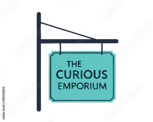 Whimsical graphic illustration of a hanging shop sign, evoking a sense of discovery and unique treasures within a quaint boutique or specialty store