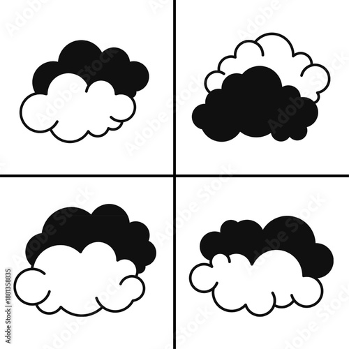 A set of four black cloud icons, displayed in various shapes and styles. Simple flat silhouette design. Stock vector.