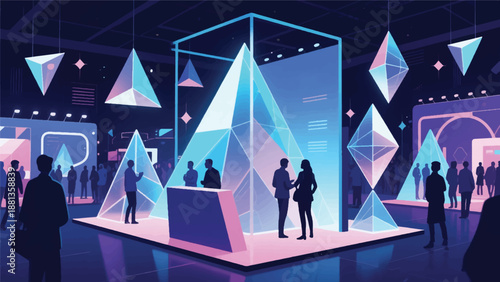 Illustration Of Prism And Triangle Shaped Stands, Holograms Decorate The Atmosphere, Polygon Visitors Enjoy The Lively Futuristic Atmosphere Vector Design Template