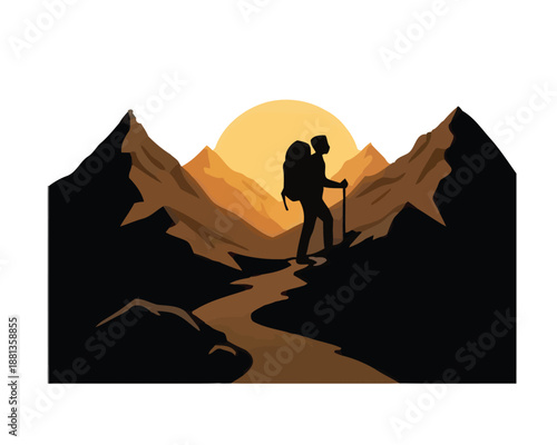 Silhouette of a hiker on a mountain path with a backpack, reaching a peak at sunset, with a warm glowing sun behind the mountains