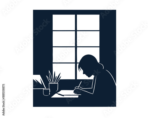 A focused individual is engrossed in writing or drawing at a desk next to a bright window, symbolizing quiet concentration and personal achievement