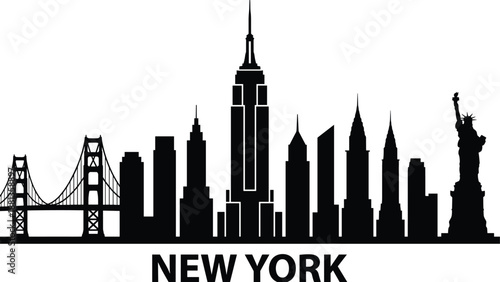 New York skyline silhouette, Empire State Building, Statue of Liberty, Brooklyn Bridge, city landmark vector, black graphic illustration