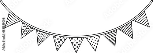 Pennant flag string, festive decoration banner, triangle party garland, black and white vector, celebration ornament, graphic design element
