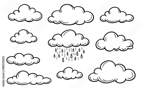Hand drawn line art cloud set featuring various shapes and a rain cloud for weather forecasts and design