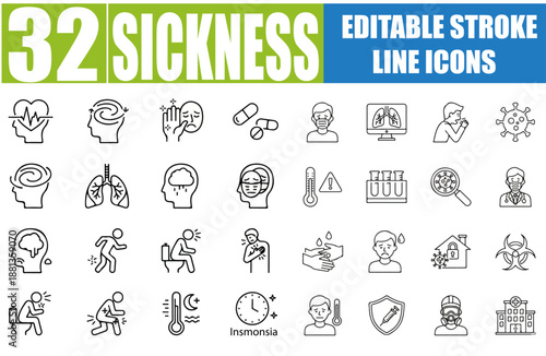 Set of 32 Outline Icons Related to Sickness, Illness and Disease - Linear Icon Collection with Editable Stroke for Vector Illustration - SEO Optimized and Top Ranked on Adobe Stock and Shutterstock
