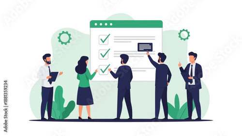 Teamwork completing checklist on screen, business planning and task management concept