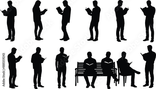 Reading silhouette set, book lovers illustration, seated and standing figures, black vector graphic, education and leisure concept design
