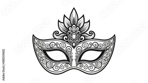 Ornate masquerade mask design featuring intricate swirl patterns and a central jewel crown in a detailed black and white illustration.