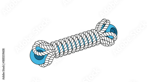 Colorful dog toy consisting of a thick white twisted rope with two bright blue plastic balls attached at each end on white background.