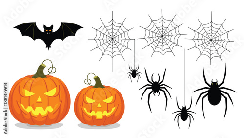 Spooky halloween elements set including a flying bat, carved jack-o-lanterns, spiders hanging from webs, and spiderweb silhouettes.