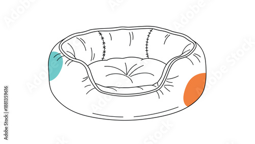 Minimalist line art drawing of a round padded pet bed featuring colorful blue and orange spots on the sides against a white background.