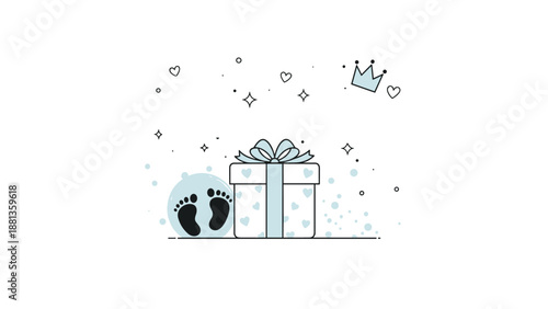 Beautiful baby boy celebration theme featuring a wrapped gift box with blue ribbon, tiny footprints, a crown, and falling hearts.