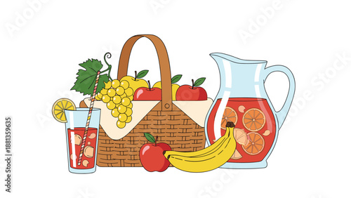 Picnic still life featuring a woven basket full of fruits, a pitcher of refreshing juice, a glass with a straw, and a banana.