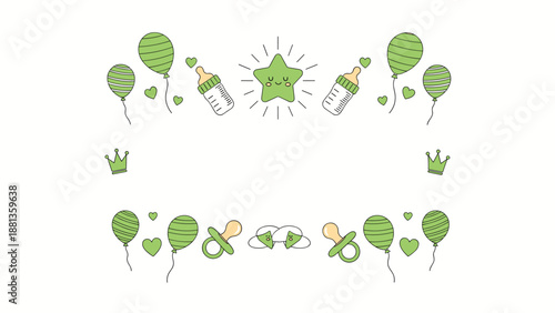 Charming green baby theme frame border featuring cute balloons, stars, bottles, crowns, pacifiers, and hearts for a new arrival.