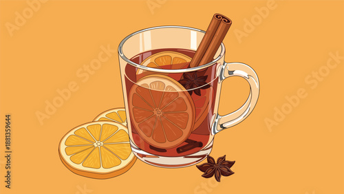 Warm mug of mulled wine filled with orange slices, cinnamon sticks, and star anise set against a bright solid orange background.