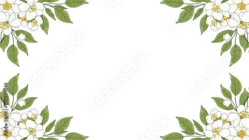 Delicate floral border frame composed of clusters of white blossoms and green leaves in each corner for wedding and event stationery.