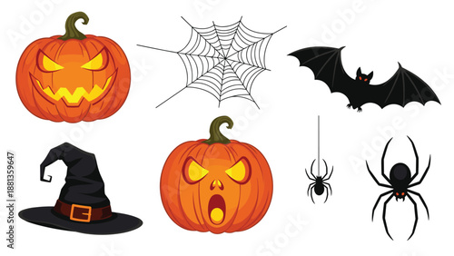 Halloween holiday collection featuring carved jack-o-lantern pumpkins, a witch hat, spider web, black bat, and creepy spiders on white.
