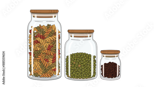 Kitchen storage glass jars filled with colorful spiral pasta, green lentils, and dark roasted coffee beans on a clean white background.