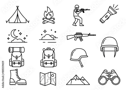 Line art outdoor adventure and survival icons set featuring camping gear, military equipment, and nature elements for various themes