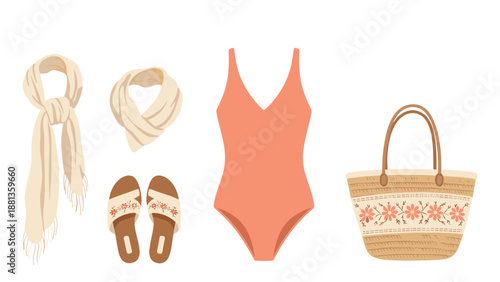 Beach vacation essentials kit featuring a salmon-colored swimsuit, comfortable flip-flops, light summer scarf, and a floral straw tote bag.