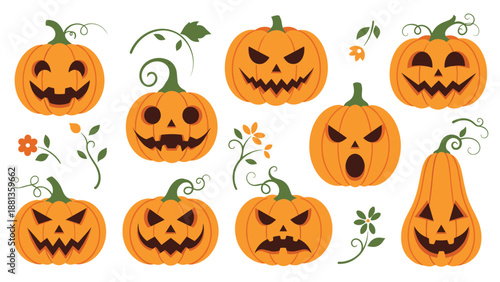 Large collection of carved Halloween jack-o-lantern pumpkins with various spooky facial expressions and decorative green floral accents.