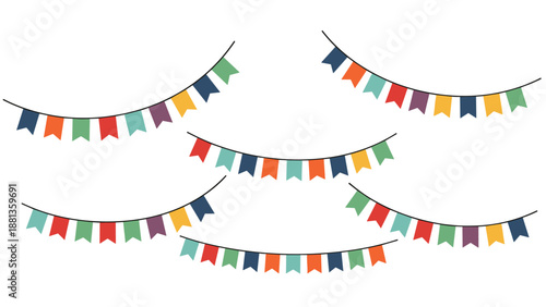 Festive colorful bunting flags and celebration garlands in various curved arrangements for party decorations, birthdays, and carnival events.