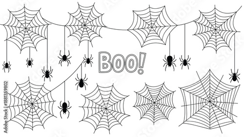 Halloween coloring page design featuring numerous spider webs, hanging spiders, and a large central Boo message in a fun outline style.