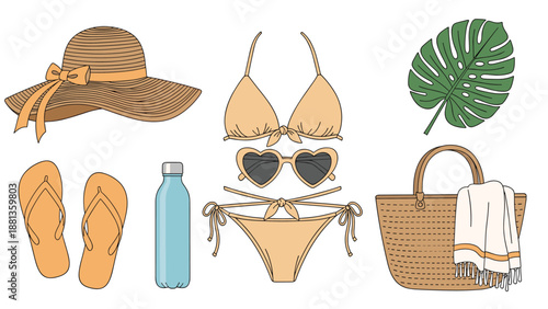Summer holiday packing list featuring a wide brim hat, bikini, flip-flops, water bottle, heart sunglasses, beach bag, and a palm leaf.