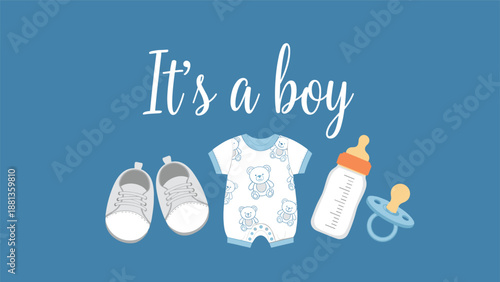 Cute baby boy announcement card featuring a blue background with shoes, a teddy bear onesie, a feeding bottle, and a pacifier accessory.