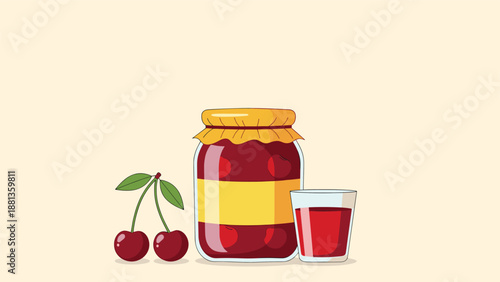 Sweet cherry jam jar alongside fresh cherries with stems and a glass of red juice against a soft neutral background for food themes.